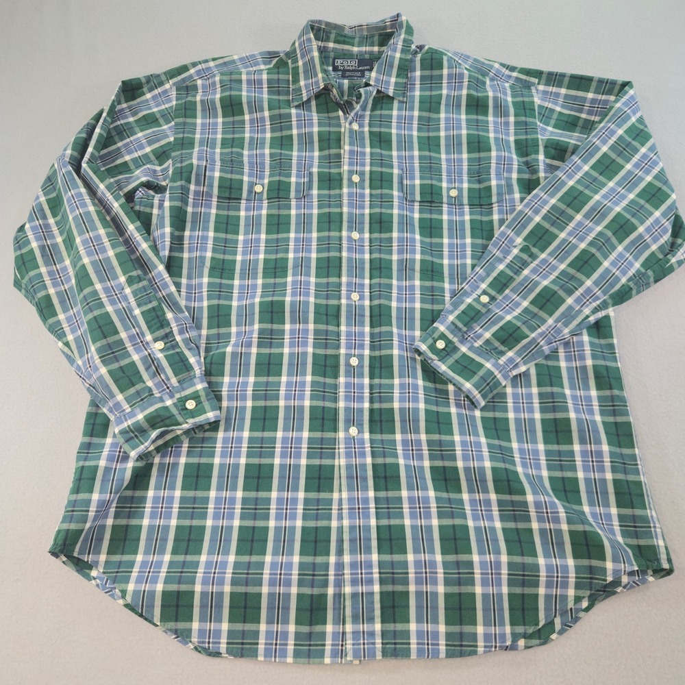 Polo Ralph Lauren Whitfield Shirt Mens L Green Blue Plaid Cotton Button Down